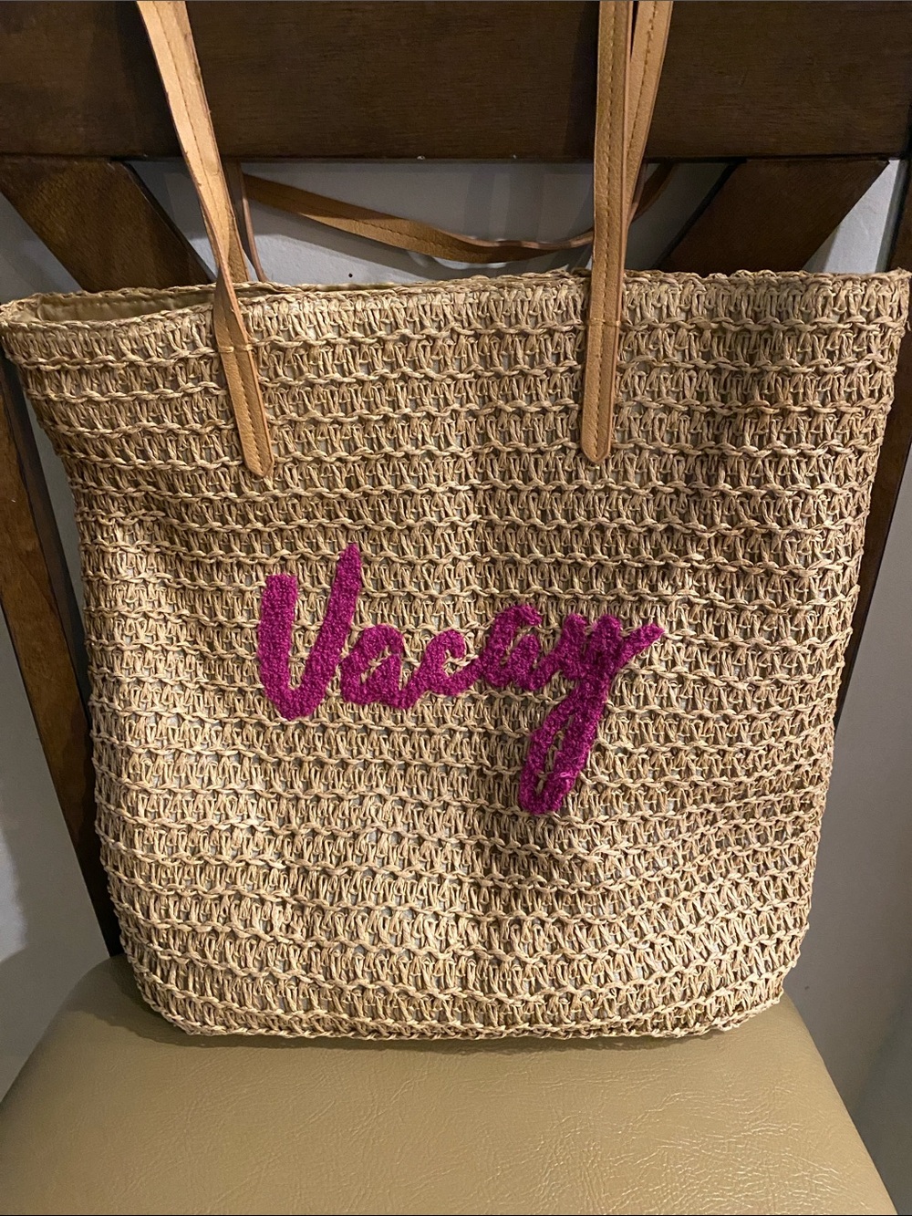 Straw Tote Bag with Pink 'Vacay' Embroidery